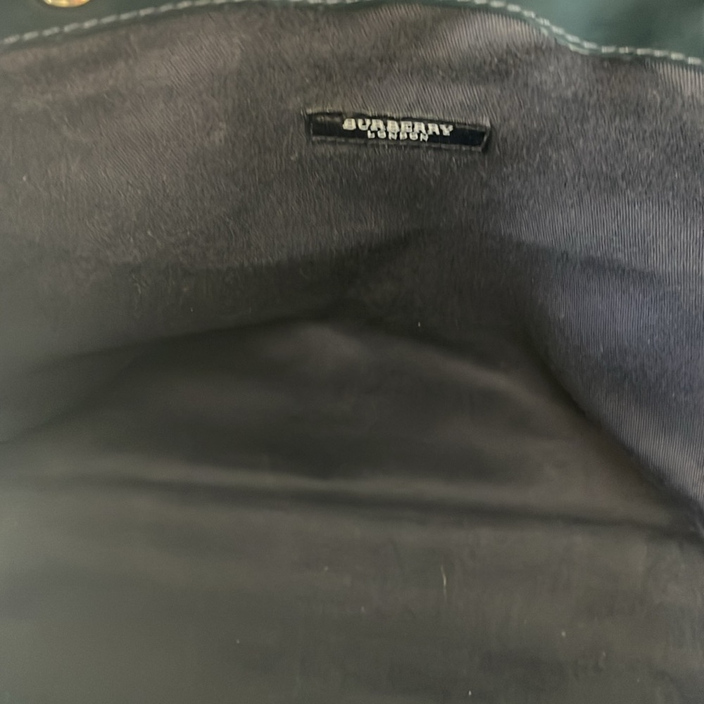 Burberry Navy Blue Striped Tote with Black Leather Pocket - Picture 7 of 12